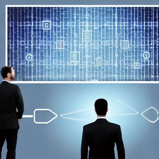 A business executive reviewing new encryption protocols, standing in a modern conference room with a large digital screen behind them. The screen displays a side‑by‑side comparison of classical RSA encryption keys and lattice‑based post‑quantum
