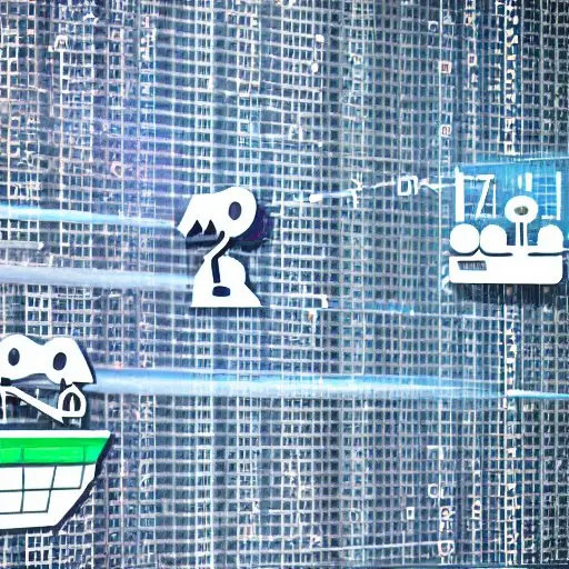 A cinematic view of a DevOps pipeline in action: automated build servers, container orchestration dashboards, a robotic AI agent monitoring logs, developers in a collaborative space