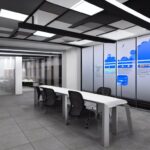 a detailed photorealistic illustration of a German corporate office with a large wall-mounted screen displaying a cost comparison chart between public cloud and on-premises infrastructure, the screen shows line graphs, bar charts, and a calculator…