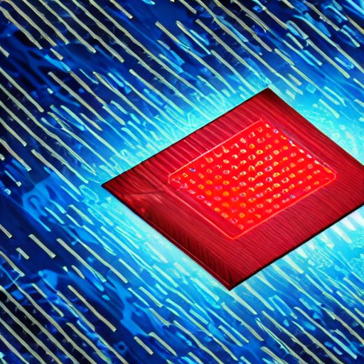 A dynamic visualization of an energy‑efficient algorithm running on a high‑performance computer. The image shows a processor chip with heat‑map overlays, where cooler regions are depicted in blue and warmer zones in red