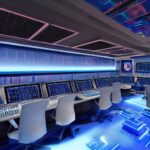 A futuristic control room with holographic interfaces, a central AI core glowing blue, surrounded by developers in sleek suits, screens displaying code and real‑time analytics, cinematic lighting highlighting the metallic surfaces, sharp details, …