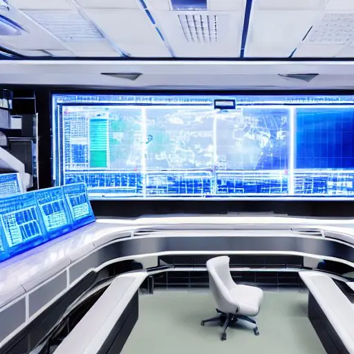 A futuristic control room with multiple holographic displays, a central AI core glowing blue, surrounded by engineers in smart suits, screens showing real‑time metrics