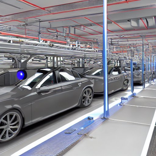 A German automotive assembly line with autonomous robots, a central edge AI hub on a steel rack, holographic fault alerts projected onto the conveyor belt, engineers wearing AR glasses monitoring the system