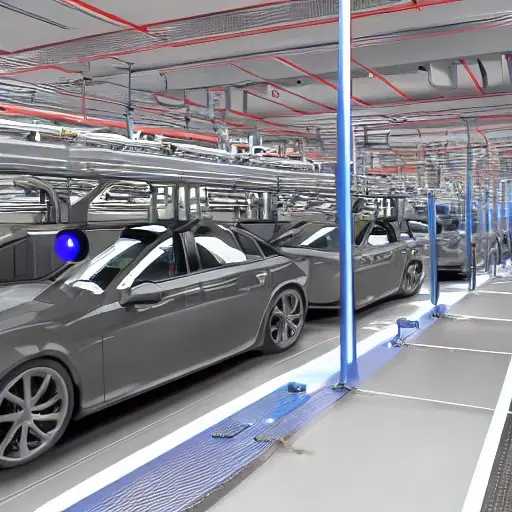 A German automotive assembly line with autonomous robots, a central edge AI hub on a steel rack, holographic fault alerts projected onto the conveyor belt, engineers wearing AR glasses monitoring the system