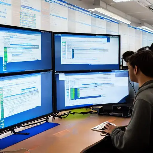 A group of students coding in a university computer lab, surrounded by dual monitors. One monitor displays a line of code with comments about energy efficiency, while the other shows a real‑time graph of CPU usage and CO₂ emissions