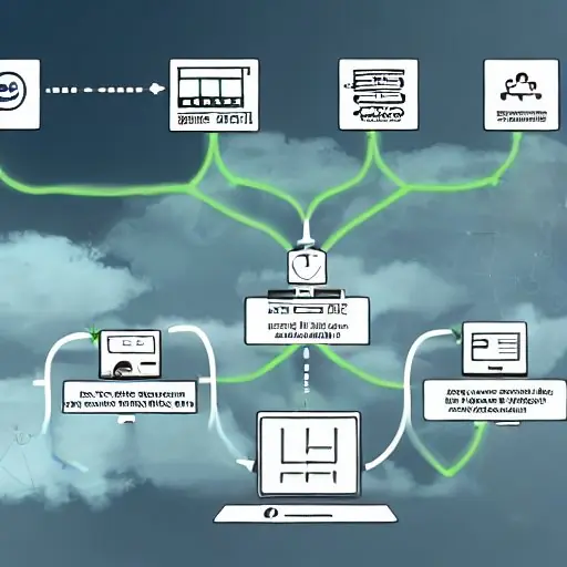 a highly detailed photorealistic illustration of a technical migration workflow diagram, showing source cloud, data extraction, transformation, validation, and target on-premises infrastructure, with icons for data encryption