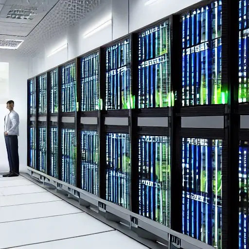 a highly detailed photorealistic scene of a German data center interior with rows of server racks, each rack labeled with German and EU compliance logos, a central control panel displaying a DSGVO compliance dashboard, a security guard in a unifor…