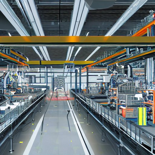 A high‑resolution image of a German industrial plant with a smart factory floor, robots, conveyor belts, a central edge server rack with AI modules, holographic overlays showing predictive analytics