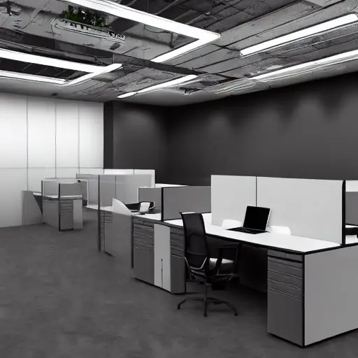 A high‑resolution image of a modern office with a large wall‑mounted screen showing an Auto‑GPT successor interface, lines of code scrolling, a robot arm assembling a server rack