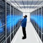 A high‑tech server room at dusk, illuminated by soft blue LEDs, rows of quantum processors with intricate lattice structures and superconducting coils visible through transparent panels. A technician in a reflective lab coat adjusts a cryogenic co…