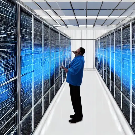 A high‑tech server room at dusk, illuminated by soft blue LEDs, rows of quantum processors with intricate lattice structures and superconducting coils visible through transparent panels