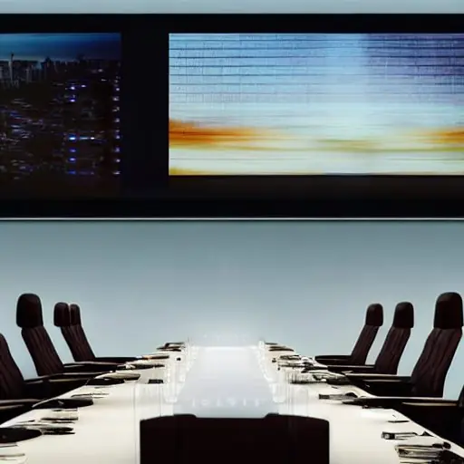 A photorealistic, cinematic depiction of a corporate boardroom at dusk, featuring a large digital wall screen displaying a countdown timer, a diverse group of executives in formal attire discussing compliance strategies