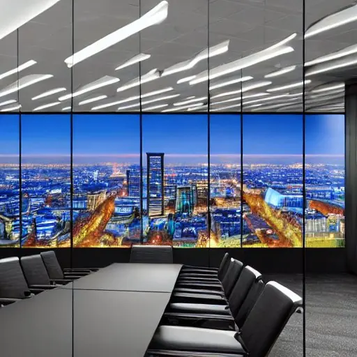 A photorealistic conference room with a glass wall overlooking a Berlin skyline, a team of German executives using a large interactive screen displaying Sovereign Cloud dashboards, holographic data overlays