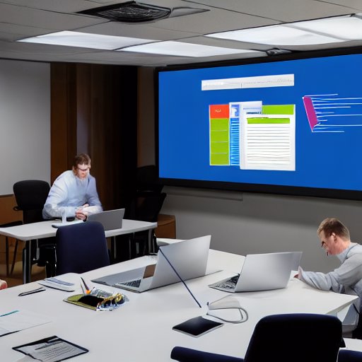 a photorealistic depiction of a German IT team in a conference room, using a large screen to review a migration checklist, with sticky notes labeled "Security", "Compliance", "Budget", "Timeline", a laptop showing a Gantt chart