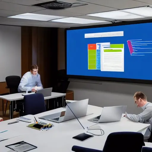 a photorealistic depiction of a German IT team in a conference room, using a large screen to review a migration checklist, with sticky notes labeled "Security", "Compliance", "Budget", "Timeline", a laptop showing a Gantt chart