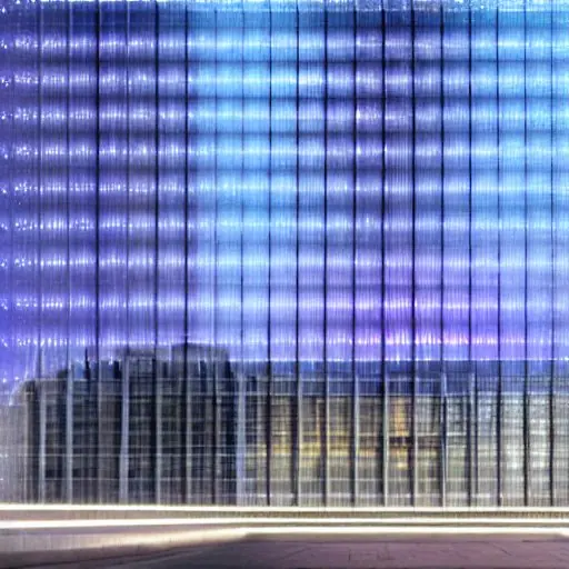 A photorealistic depiction of the German Bundestag building at dusk, illuminated by soft blue LED strips, with translucent holographic data streams flowing from the building into the surrounding cityscape, showing digital connections to cloud serv…