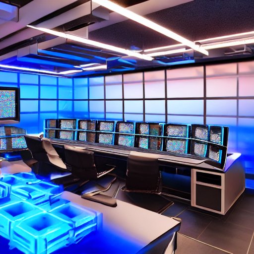 A photorealistic, futuristic control room with a large wall-mounted screen displaying the Gaia‑X logo in neon blue, surrounded by rows of modular server racks with translucent glass panels, holographic data streams connecting the racks, cinematic …