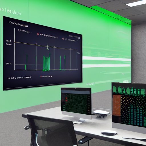A sleek, modern conference room with a large screen projecting a live dashboard of Scope‑3 emissions for a cloud‑based application. The screen displays a green arrow rising, indicating reduced carbon impact