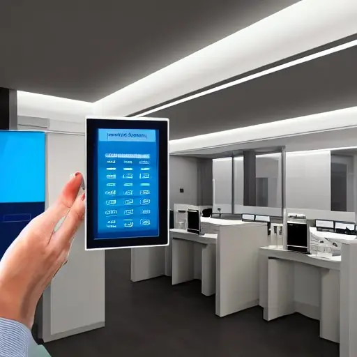 Bankangestellter in moderner Bankfiliale hält Tablet mit sicherem Login-Bildschirm, Fingerabdruckscanner auf dem Schreibtisch, digitaler Uhrzeit 2026, Banklogo, konzentrierte Miene.