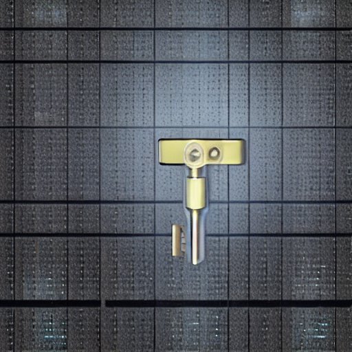 Ein klassischer mechanischer Schlüssel steckt in einem Hochsicherheits-Schloss, umgeben von feinen Zahnrädern und einer transparenten digitalen Binary-Overlay, beleuchtet von einem fokussierten Spotlight; die Reflexion eines Bürogebäudes auf der p…