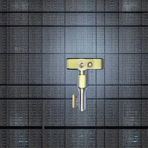 Ein klassischer mechanischer Schlüssel steckt in einem Hochsicherheits-Schloss, umgeben von feinen Zahnrädern und einer transparenten digitalen Binary-Overlay, beleuchtet von einem fokussierten Spotlight; die Reflexion eines Bürogebäudes auf der p…