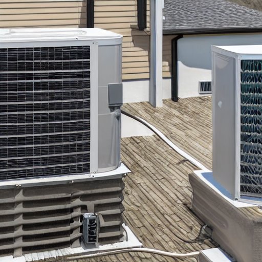 Hybrid‑Wärmepumpen auf einem Dach: zwei Einheiten – Luft- und Erdwärmepumpe – stehen nebeneinander, verbunden durch einen Smart‑Inverter und gemeinsames Ductwork. Ein digitales Kontrollpanel zeigt Echtzeit‑Energieverbrauch, während der Nachthimmel…