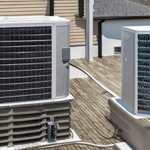 Hybrid‑Wärmepumpen auf einem Dach: zwei Einheiten – Luft- und Erdwärmepumpe – stehen nebeneinander, verbunden durch einen Smart‑Inverter und gemeinsames Ductwork. Ein digitales Kontrollpanel zeigt Echtzeit‑Energieverbrauch, während der Nachthimmel…