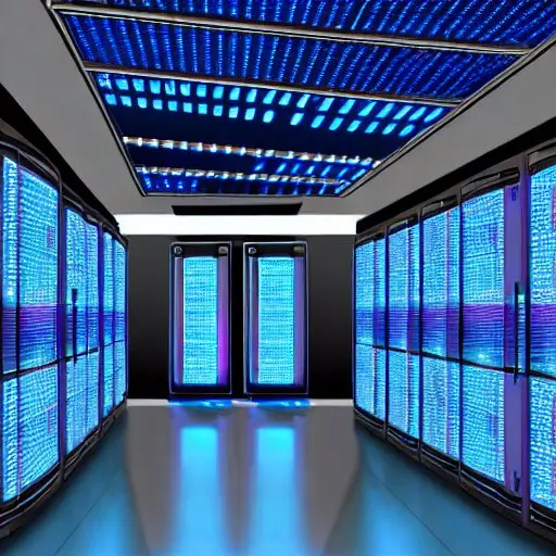Moderne Datenzentrale mit Serverreihen, leuchtenden blauen LEDs, umgeben von einem transparenten digitalen Schild, das PKI‑Verschlüsselung symbolisiert. Im Kontrollraum zeigen holographische Interfaces Zertifikatsketten, Schlüsselverwaltung und ei…