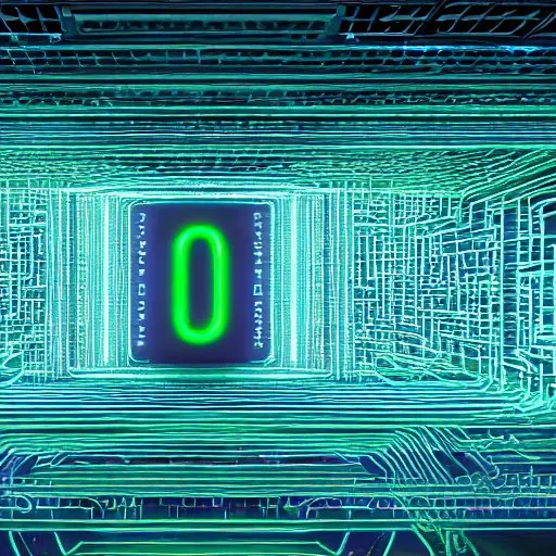 Sichere Datenübertragung zwischen zwei Servern, dargestellt durch leuchtende blaue Datenströme, die durch einen transparenten Schild (PKI-Verschlüsselung) fließen; im Hintergrund ein Datenzentrum mit Neon‑grünen Glasfaserkabeln, ein holographische…