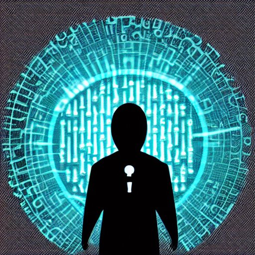 Silhouette eines Hackers in einem dunklen Raum, hält einen leuchtenden USB-Stick mit sichtbarem Verschlüsselungsschlüssel, umgeben von einem Wirbel aus Code, während ein holographischer Schild eingehende Datenpakete blockiert und ein Unternehmensn…