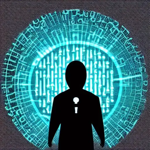 Silhouette eines Hackers in einem dunklen Raum, hält einen leuchtenden USB-Stick mit sichtbarem Verschlüsselungsschlüssel, umgeben von einem Wirbel aus Code, während ein holographischer Schild eingehende Datenpakete blockiert und ein Unternehmensn…