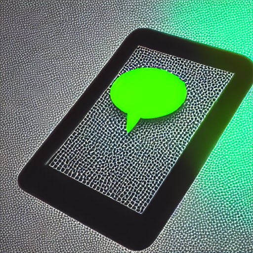 Smartphone mit sicherer Messaging-App, auf dem ein transparentes Schild-Symbol den Chat schützt, umgeben von neongrünen, verschlüsselten Datenströmen; reflektierende Glasoberfläche zeigt ein Café-Interieur, während ein Laptop sanftes Licht spendet…