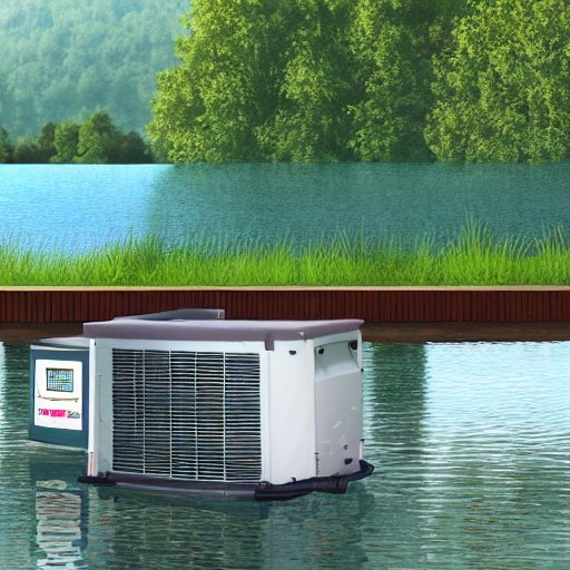 Wasserwärmepumpe an einem Seeufer: Kupferrohrleitungen verbinden die Einheit mit einem unter Wasser liegenden Wärmetauscher, daneben ein digitales Bedienelement, umgeben von üppigem Garten, realistische Wasserreflexionen und sanftes Sonnenaufgangs…