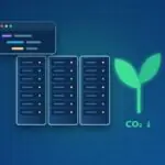 Serverschränke, Code-Fenster und wachsende Pflanze für geringeren CO₂-Ausstoß