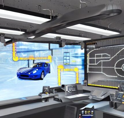 Techniker in blauem Overall in einem industriellen Kontrollraum, der an einem Hebel arbeitet, während ein großer Digitalbildschirm eine Echtzeit-Simulation des Bremssystemes eines Fahrzeugs mit ABS-Schema an der Wand zeigt.