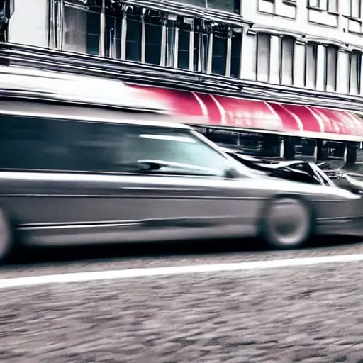 Auto beschleunigt auf gerader Straße, Luftwiderstandseffekte sichtbar, dynamische Linien betonen Kraft und Gewicht, dramatische Perspektive unterstreicht das Prinzip von F = m·a.