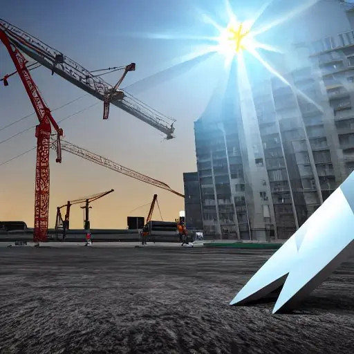 Bauarbeiter nutzt Laserschnellmessgerät, um einen rechten Winkel auf einer Betonplatte zu markieren; ein großes, mit Kreide gezeichnetes rechtwinkliges Dreieck mit beleuchteter Hypotenuse, Arbeiter in Helmen beobachten, Kran im Hintergrund.