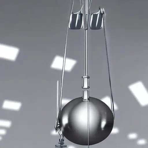 Ein klassisches Labor-Setup mit einem glänzenden Metallpendel, das an einer rostfreien Stahlstange hängt, steht auf einer weißen Arbeitsfläche. Im Hintergrund ein großes, transparentes Messgerät mit einer Skala von 0 bis 10 Newton.
