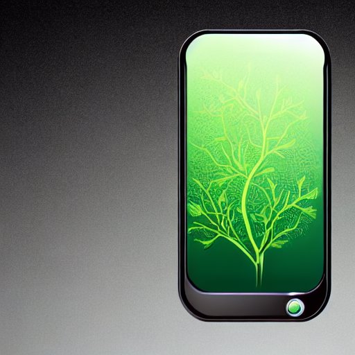 Futuristisches, umweltfreundliches Smartphone mit durchsichtigem Gehäuse, in dem ein lebendiges Pflanzenwachstum zu sehen ist. Das Display zeigt eine leuchtend grüne Benutzeroberfläche, während im Hintergrund ein üppiger Wald bei Sonnenaufgang zu …