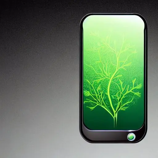 Futuristisches, umweltfreundliches Smartphone mit durchsichtigem Gehäuse, in dem ein lebendiges Pflanzenwachstum zu sehen ist. Das Display zeigt eine leuchtend grüne Benutzeroberfläche, während im Hintergrund ein üppiger Wald bei Sonnenaufgang zu …
