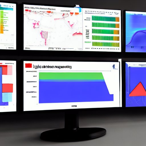 Kinematisches Dashboard auf einem gebogenen Monitor, das Echtzeit‑Graphen für CPU‑Auslastung, Speicherverbrauch, Netzwerkdurchsatz und durchschnittliche Anforderungslatenz anzeigt, ergänzt durch digitale Uhr und Statusanzeigen; im Hintergrund ein …