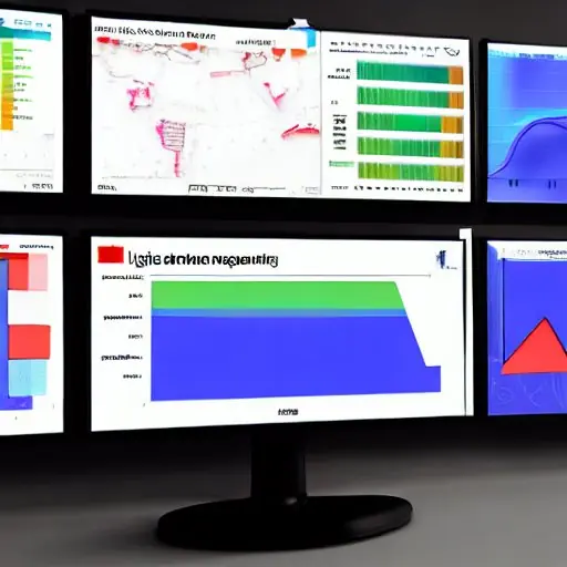 Kinematisches Dashboard auf einem gebogenen Monitor, das Echtzeit‑Graphen für CPU‑Auslastung, Speicherverbrauch, Netzwerkdurchsatz und durchschnittliche Anforderungslatenz anzeigt, ergänzt durch digitale Uhr und Statusanzeigen; im Hintergrund ein …