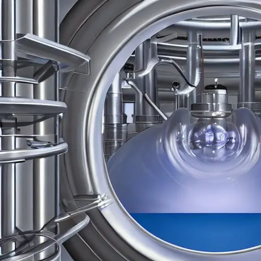 Kryologisches Labor bei Annäherung an absolute Null: ein supraleitender Magnet in einer Vakuumkammer, umgeben von schwebenden Atomen, deren Schwingungen allmählich verlangsamen. Ein Temperaturmesser zeigt 10 K bis 0,01 K, während ein digitales Dis…