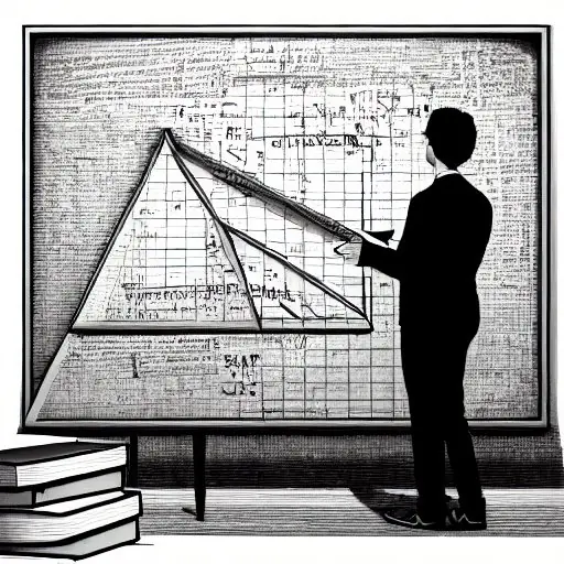 Mathematiker schreibt Beweis des Satzes des Pythagoras auf Kreidetafel, zeigt rechtwinkliges Dreieck mit Quadraten, Hand in Bewegung, warmes Studiolicht, Uhr im Hintergrund.
