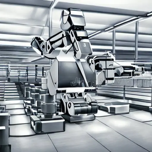 Moderne Industrieroboter in einer Fertigungsstraße, präzise Bewegungen, sichtbare Sensoren, klare Linienführung, die Anwendung der Newtonschen Gesetze in der Robotik veranschaulicht.