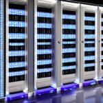 Moderne Server‑Rack‑Ansicht mit mehreren Webservern (Apache, Nginx, IIS, LiteSpeed, Caddy), beleuchtet von blauen LED‑streifen. Vorne ein Monitor zeigt ein farbiges Dashboard mit HTTP‑Traffic‑Statistiken und Echtzeit‑Latenzdiagrammen. Die Szene be…