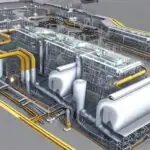 Modernes Kombinationskraftwerk mit Gas- und Dampfturbinen, die Energiefluss‑Pfeile von Verbrennung zu mechanischer Arbeit und Strom zeigen; ein digitales Kontrollpanel mit Effizienz‑ und Entropie‑Diagrammen, metallische Strukturen und leuchtender …