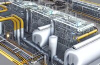 Modernes Kombinationskraftwerk mit Gas- und Dampfturbinen, die Energiefluss‑Pfeile von Verbrennung zu mechanischer Arbeit und Strom zeigen; ein digitales Kontrollpanel mit Effizienz‑ und Entropie‑Diagrammen, metallische Strukturen und leuchtender …