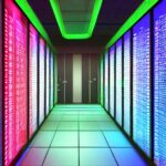 Modernes Rechenzentrum mit MySQL-Server-Rack, beleuchtet von blauen LED-Streifen, vor dem ein Monitor die MySQL-Kommandozeile mit laufenden SQL-Abfragen und Echtzeit-Performance-Metriken zeigt, während kühle Lüfter, ordentlich verlegte Kabel und e…