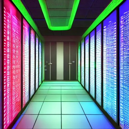 Modernes Rechenzentrum mit MySQL-Server-Rack, beleuchtet von blauen LED-Streifen, vor dem ein Monitor die MySQL-Kommandozeile mit laufenden SQL-Abfragen und Echtzeit-Performance-Metriken zeigt, während kühle Lüfter, ordentlich verlegte Kabel und e…